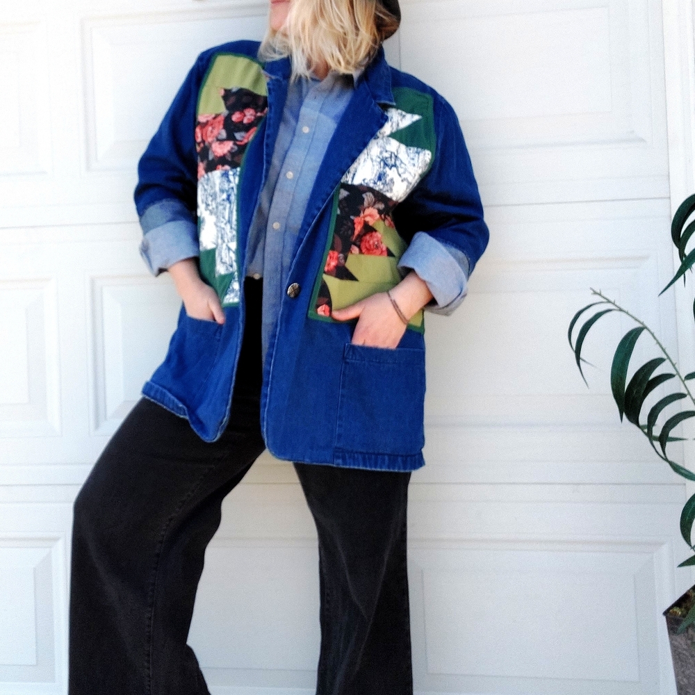 Upcycled Chic Patchwork Denim Jacket Oversized Co… - image 11